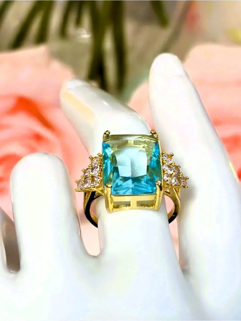 Aqua Emerald Cut Statement Ring – Stainless Steel & CZ - Cocktail Ring